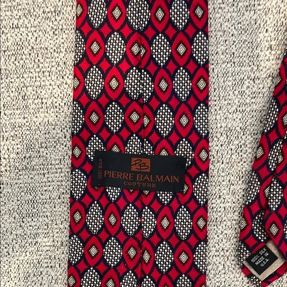 Pierre Balmain Red and Navy Geometric Pattern 100% Silk Tie